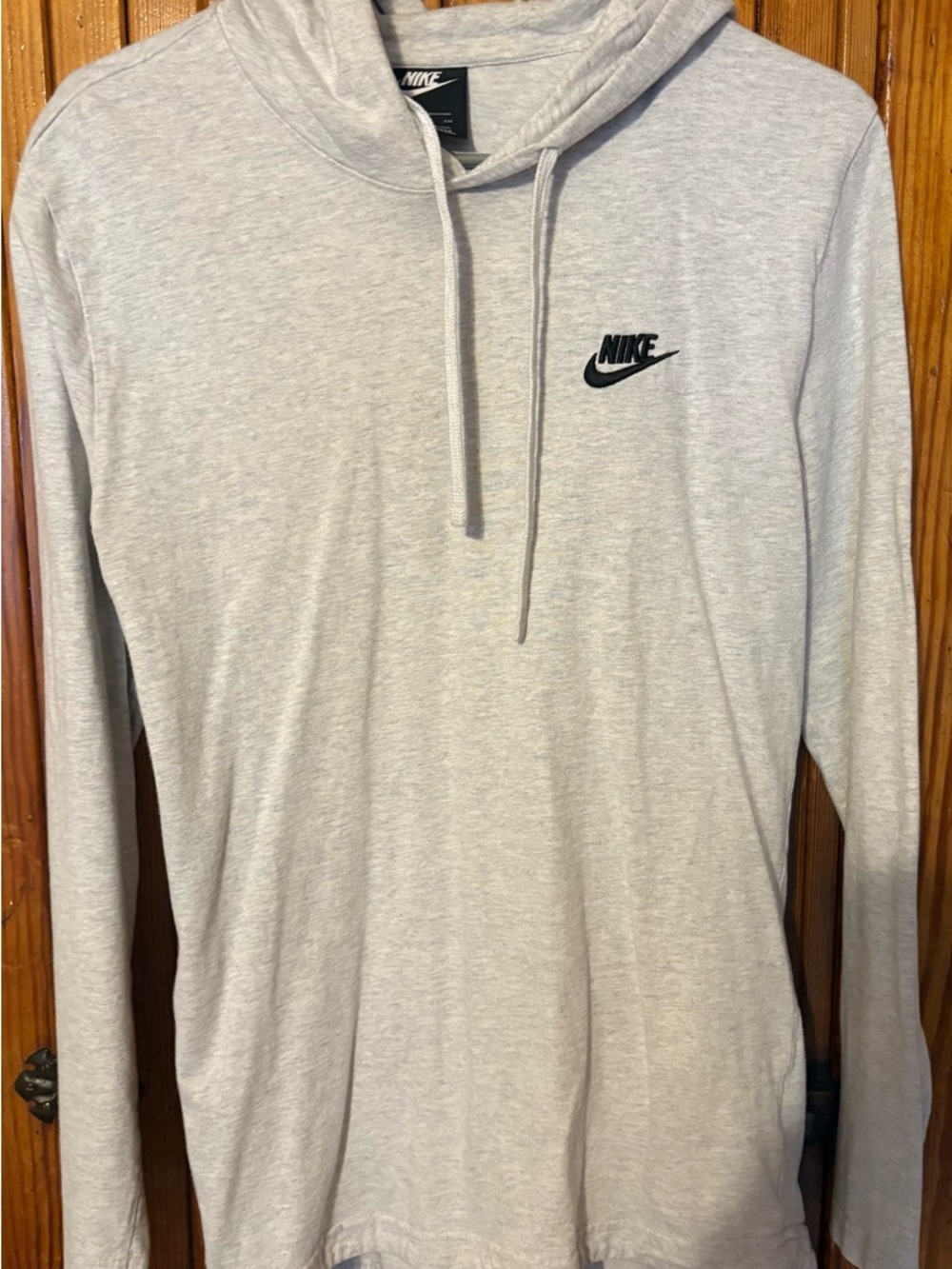 Nike Light Gray Long-Sleeve Hooded Shirt with Black Logo